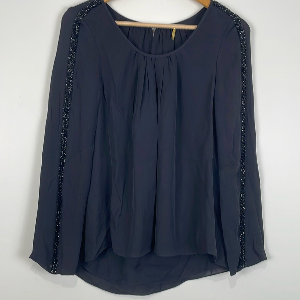 Rebecca Minkoff 100% Silk Blouse Women’s 10 Black Beaded Accents Long Sleeve